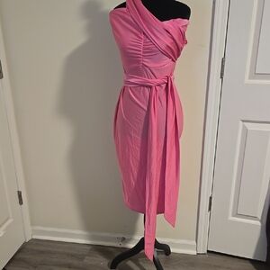 Elegant Pink One-Shoulder Dress W/ Belt